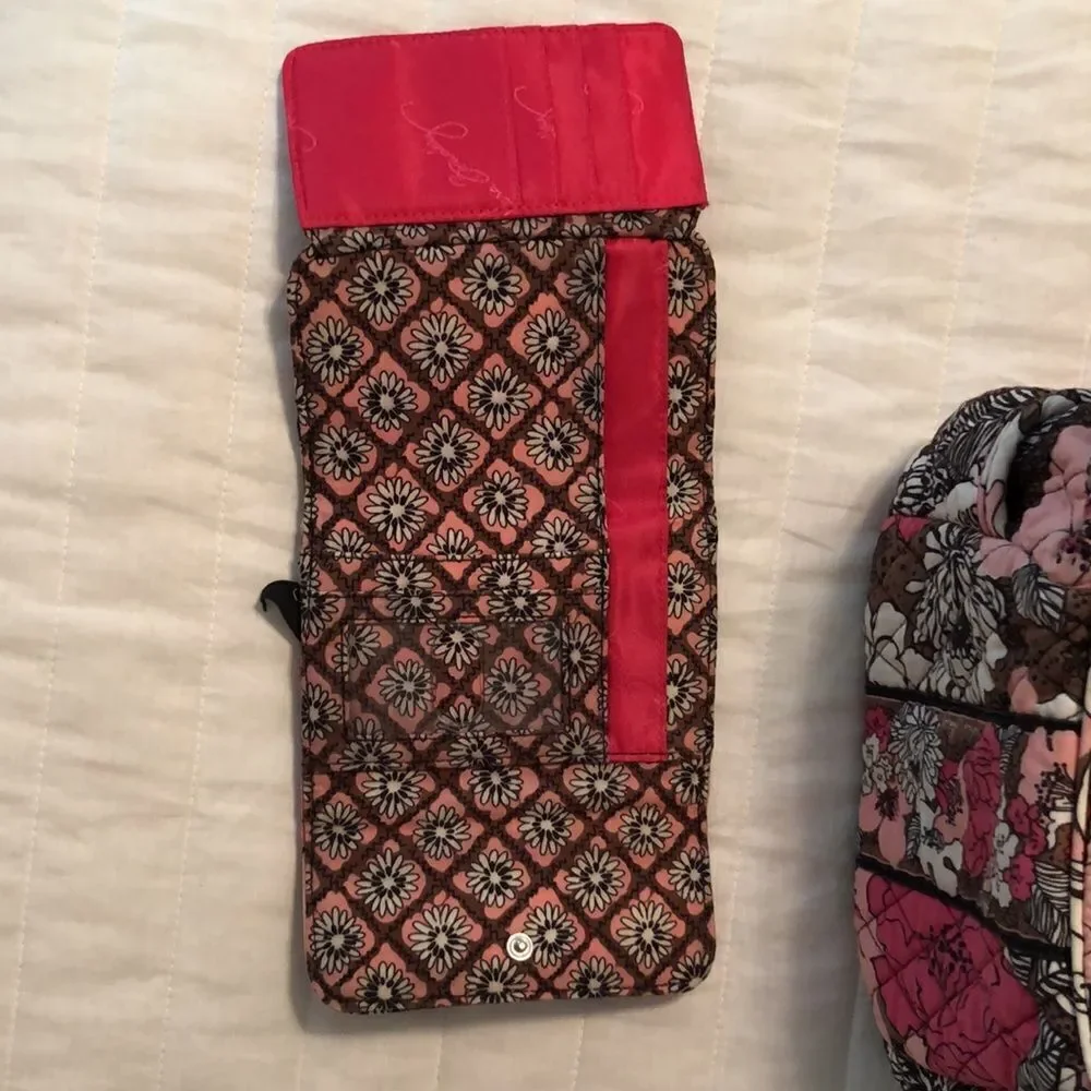 VB Mocha Rouge Mini Hobo Quilted Bag and Wallet Set Brown White Fuchsia Pink